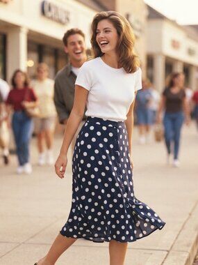 Talbots Womens 2 Navy White Polka Dot A Line Midi Skirt Button Front Preppy